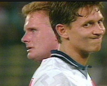 The eyes have it! Lineker asking sir Bobby Robson to "have a word" as Gascoigne receives the yellow card, 