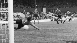 The goal that launched North Korea into world cup folklore. Pak Doo-Ik slides the ball past Albertossi in the Italian goal to give the North koreans a 1-0 victory over the Azzurri.