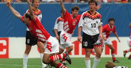 Letchkov celebrates after heading the winning goal against Germany that gave a fairytale ending to Bulgaria's most improbable of World Cup runs.
